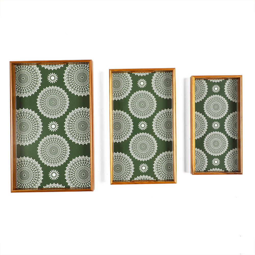 Green Mandala Teak Tray Set