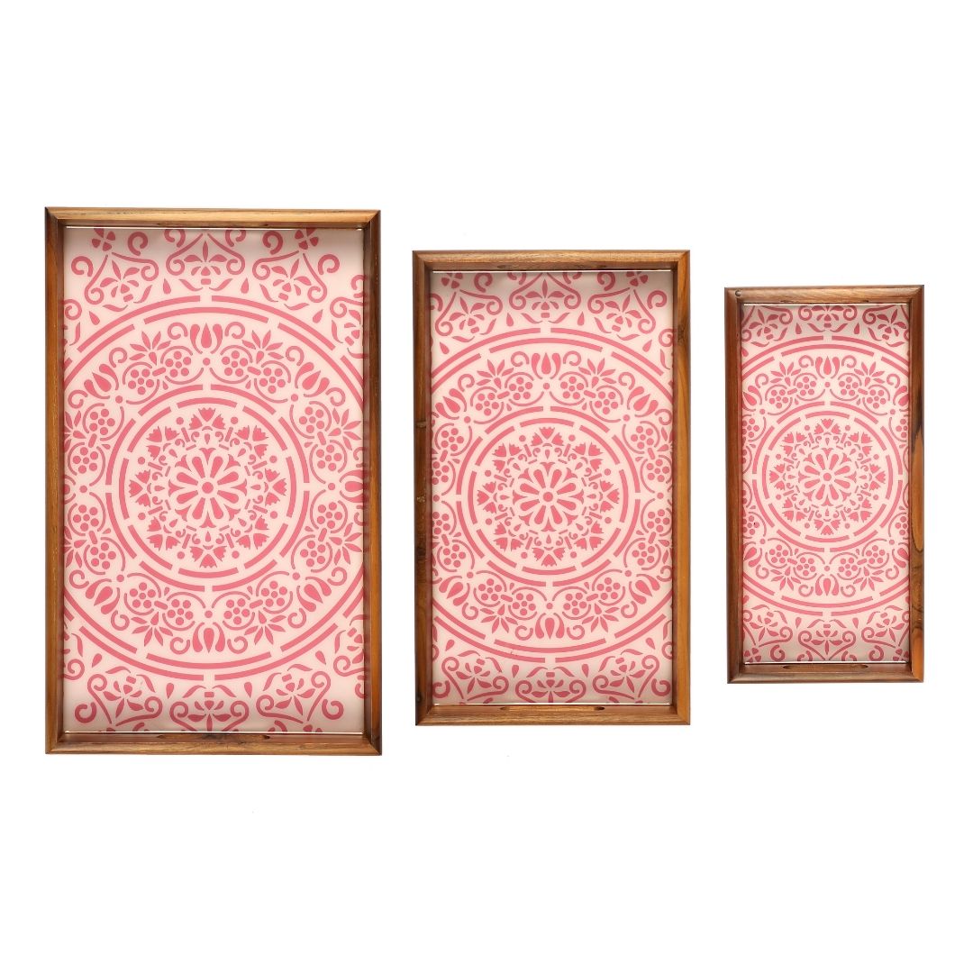 Pink Mandala Teak Tray Set